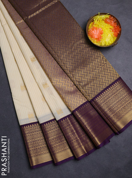 Cream & Violet Semi Kanchipuram Silk - Korvai