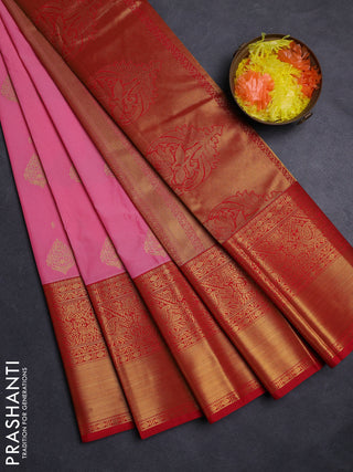 Peach Pink & Red Semi Kanchipuram Silk - Korvai