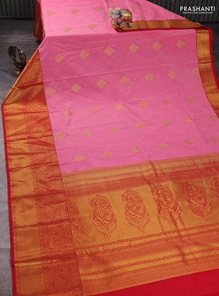 Peach Pink & Red Semi Kanchipuram Silk - Korvai