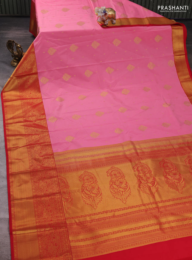 Peach Pink & Red Semi Kanchipuram Silk - Korvai