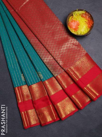 Teal Green & Red Semi Kanchipuram Silk - Korvai