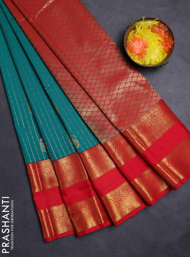 Teal Green & Red Semi Kanchipuram Silk - Korvai