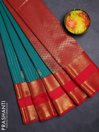 Teal Green & Red Semi Kanchipuram Silk - Korvai