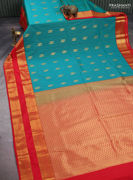 Teal Green & Red Semi Kanchipuram Silk - Korvai