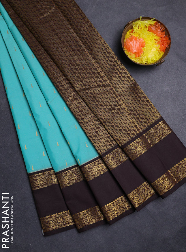 Teal Blue & Coffee Brown Semi Kanchipuram Silk - Korvai