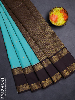 Teal Blue & Coffee Brown Semi Kanchipuram Silk - Korvai