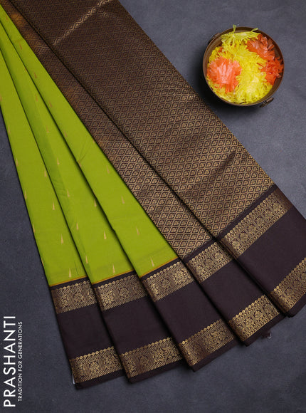 Lime Green & Coffee Brown Semi Kanchipuram Silk - Korvai