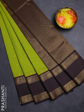 Lime Green & Coffee Brown Semi Kanchipuram Silk - Korvai