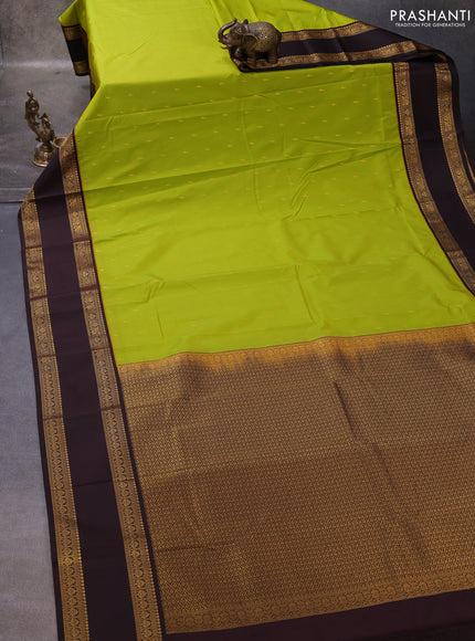 Lime Green & Coffee Brown Semi Kanchipuram Silk - Korvai