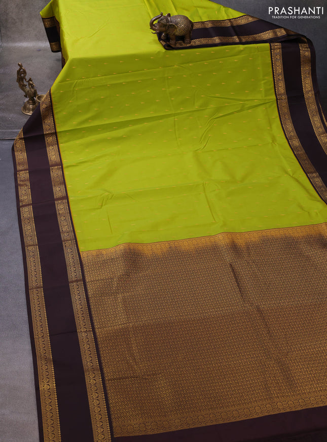 Lime Green & Coffee Brown Semi Kanchipuram Silk - Korvai
