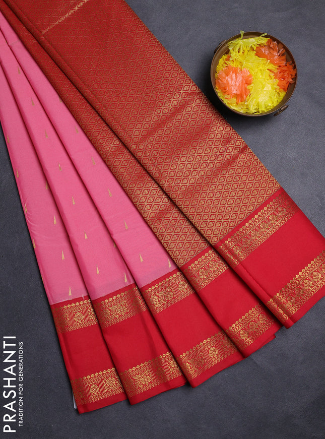 Peach Pink & Red Semi Kanchipuram Silk - Korvai