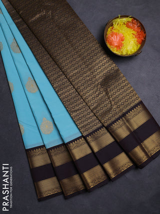 Teal Blue & Coffee Brown Semi Kanchipuram Silk - Korvai