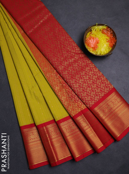 Lime Green & Red Semi Kanchipuram Silk - Korvai