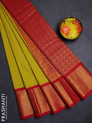 Lime Green & Red Semi Kanchipuram Silk - Korvai
