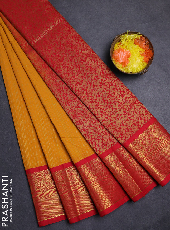 Mustard Yellow & Red Semi Kanchipuram Silk - Korvai