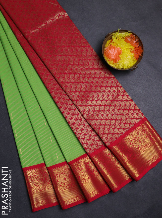 Fluorescent Green  & Red Semi Kanchipuram Silk - Korvai