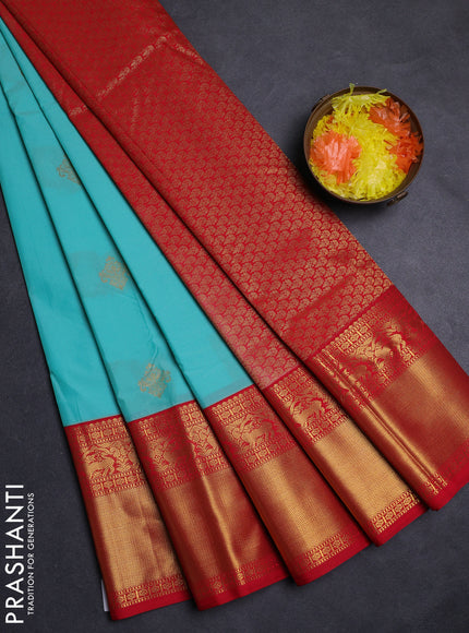 Teal Blue & Red Semi Kanchipuram Silk - Korvai