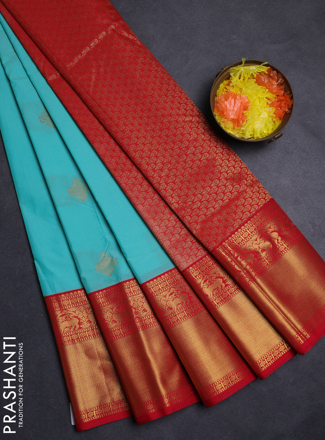Teal Blue & Red Semi Kanchipuram Silk - Korvai