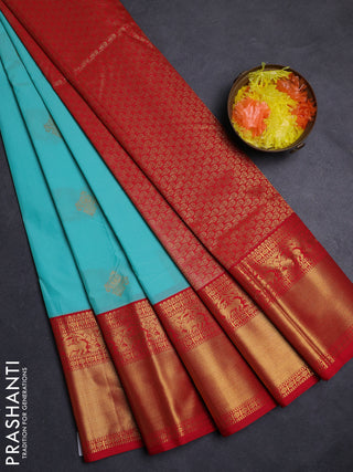 Teal Blue & Red Semi Kanchipuram Silk - Korvai