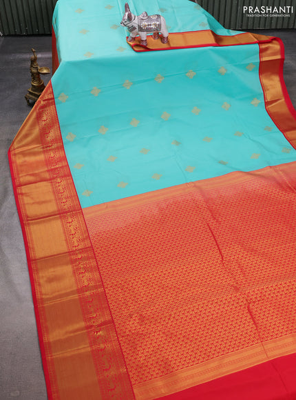 Teal Blue & Red Semi Kanchipuram Silk - Korvai