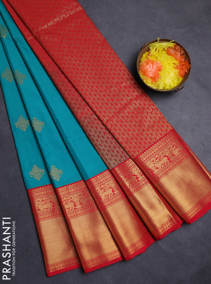 Teal Green & Red Semi Kanchipuram Silk - Korvai