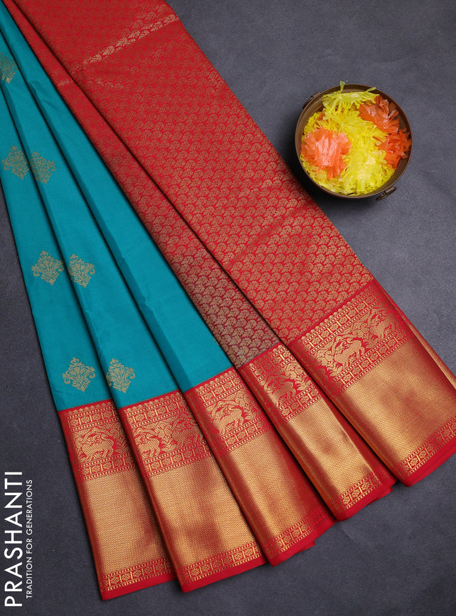 Teal Green & Red Semi Kanchipuram Silk - Korvai