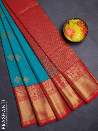 Teal Green & Red Semi Kanchipuram Silk - Korvai