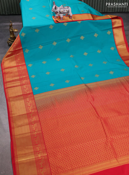 Teal Green & Red Semi Kanchipuram Silk - Korvai