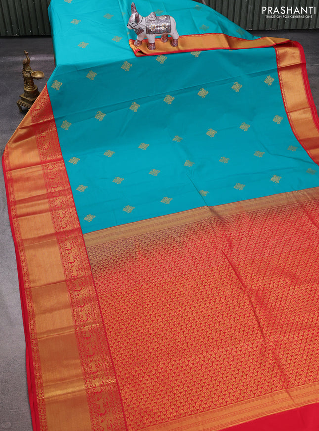 Teal Green & Red Semi Kanchipuram Silk - Korvai