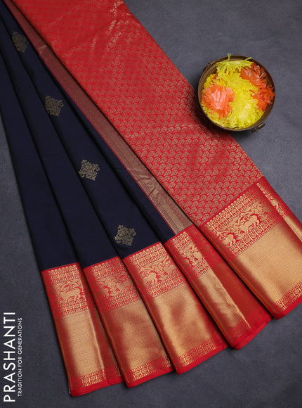 Navy Blue & Red Semi Kanchipuram Silk - Korvai