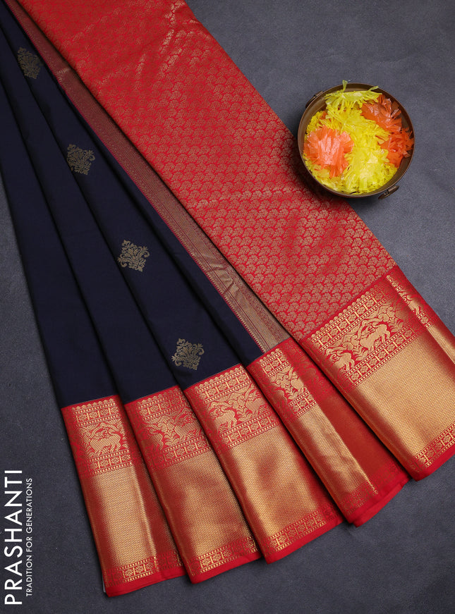 Navy Blue & Red Semi Kanchipuram Silk - Korvai