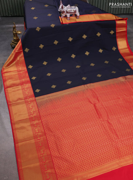 Navy Blue & Red Semi Kanchipuram Silk - Korvai