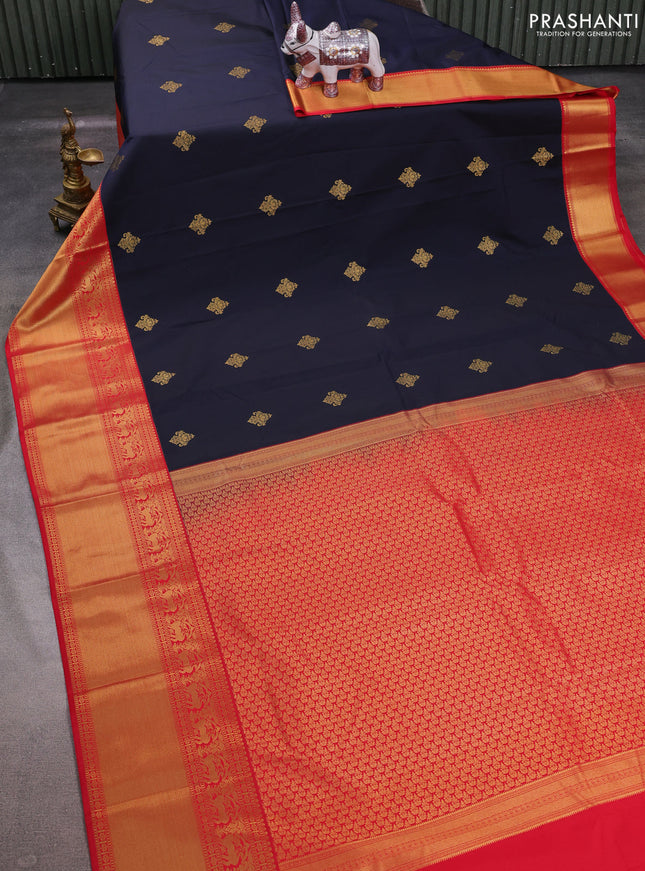 Navy Blue & Red Semi Kanchipuram Silk - Korvai