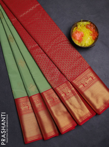 Pastel Green & Red Semi Kanchipuram Silk - Korvai