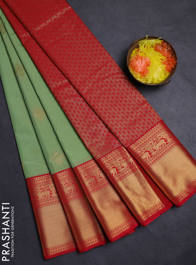 Pastel Green & Red Semi Kanchipuram Silk - Korvai