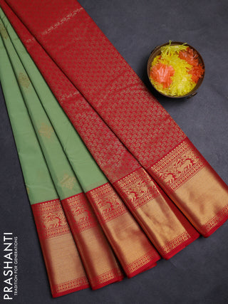 Pastel Green & Red Semi Kanchipuram Silk - Korvai