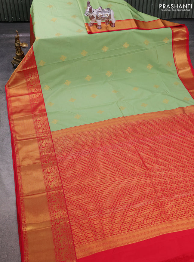 Pastel Green & Red Semi Kanchipuram Silk - Korvai