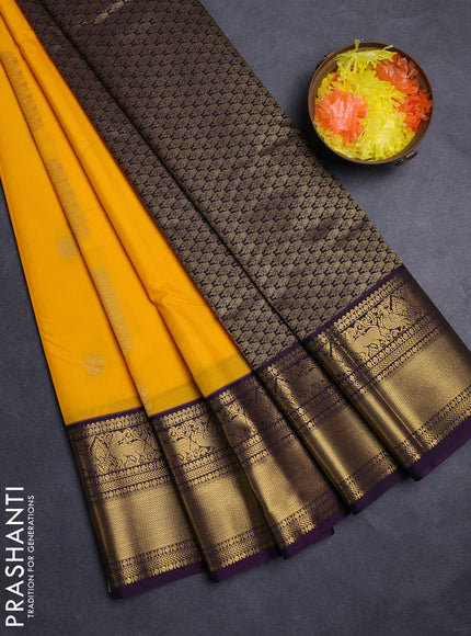 Yellow & Violet Semi Kanchipuram Silk - Korvai