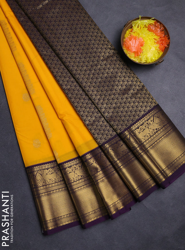 Yellow & Violet Semi Kanchipuram Silk - Korvai