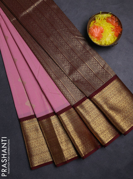 Peach Pink & Maroon Semi Kanchipuram Silk - Korvai