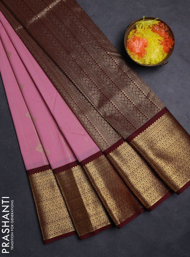 Peach Pink & Maroon Semi Kanchipuram Silk - Korvai