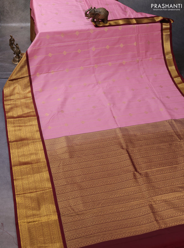 Peach Pink & Maroon Semi Kanchipuram Silk - Korvai