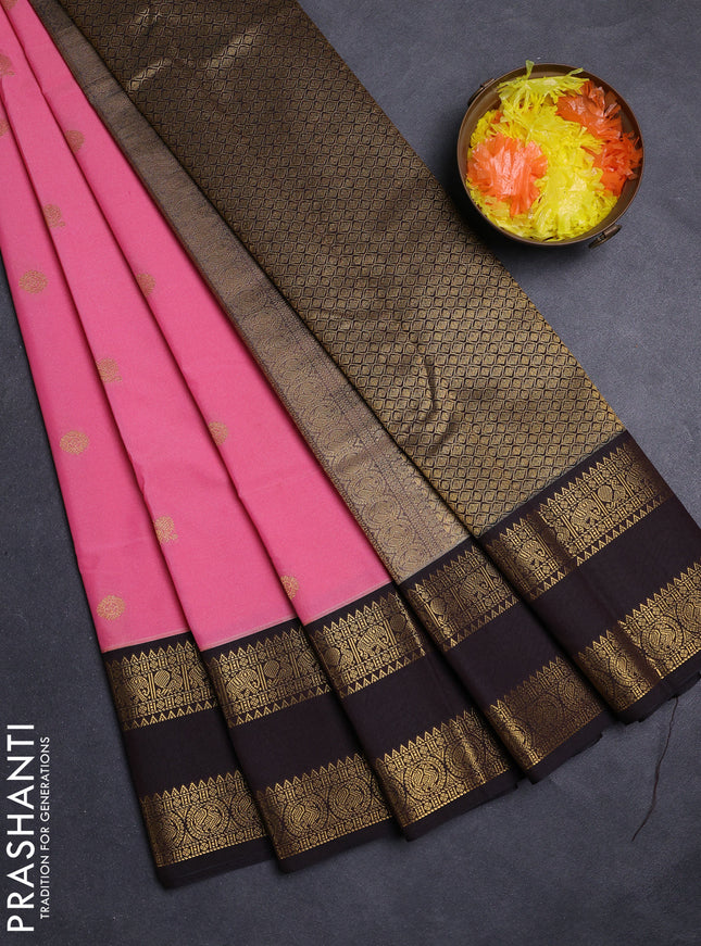 Pink & Coffee Brown Semi Kanchipuram Silk - Korvai
