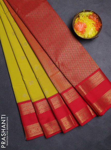 Lime Green & Red Semi Kanchipuram Silk - Korvai