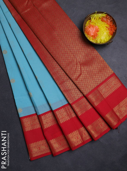 Teal Blue & Red Semi Kanchipuram Silk - Korvai