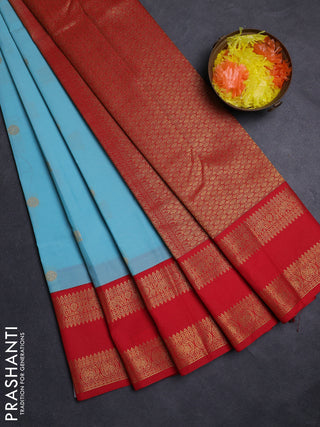 Teal Blue & Red Semi Kanchipuram Silk - Korvai