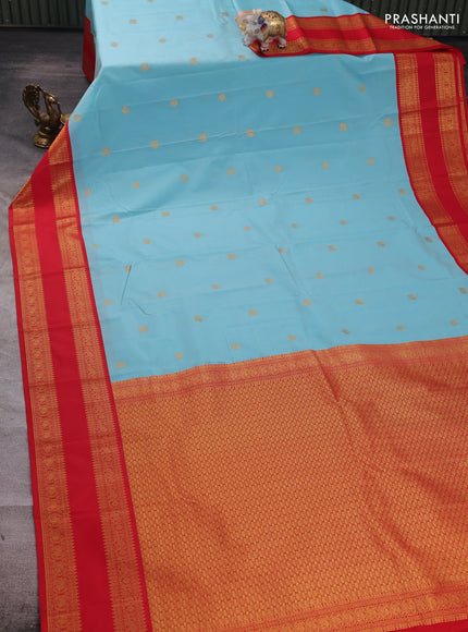 Teal Blue & Red Semi Kanchipuram Silk - Korvai