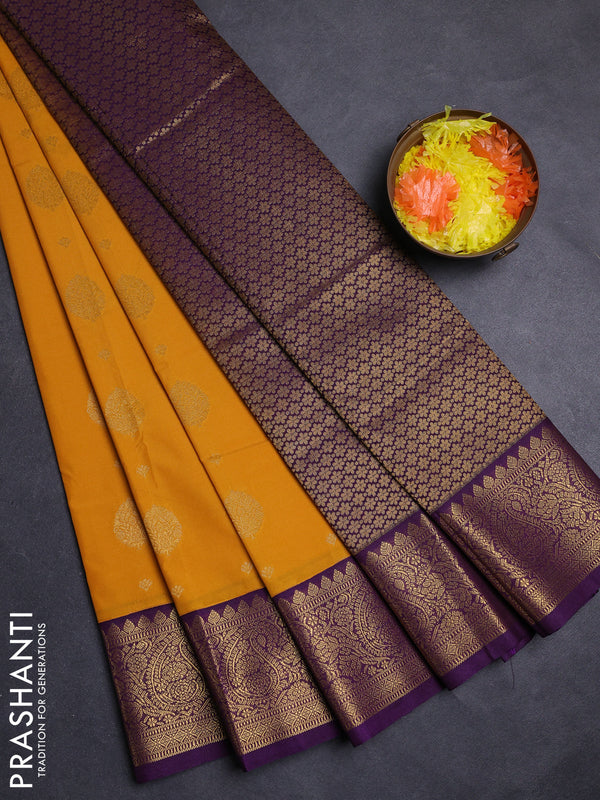 Mustard Yellow & Purple Semi Kanchipuram Silk - Korvai