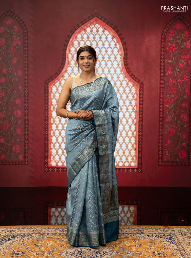 Pastel Blue & Peacock Blue Chiniya Silk Saree - Weaves