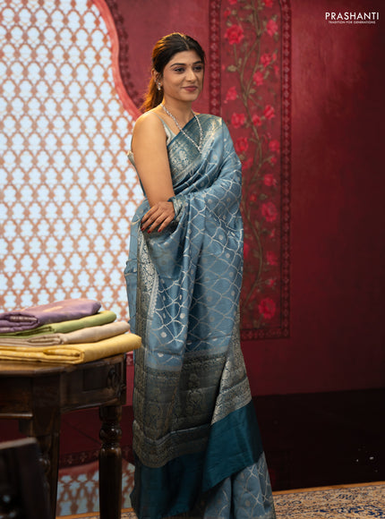 Pastel Blue & Peacock Blue Chiniya Silk Saree - Weaves